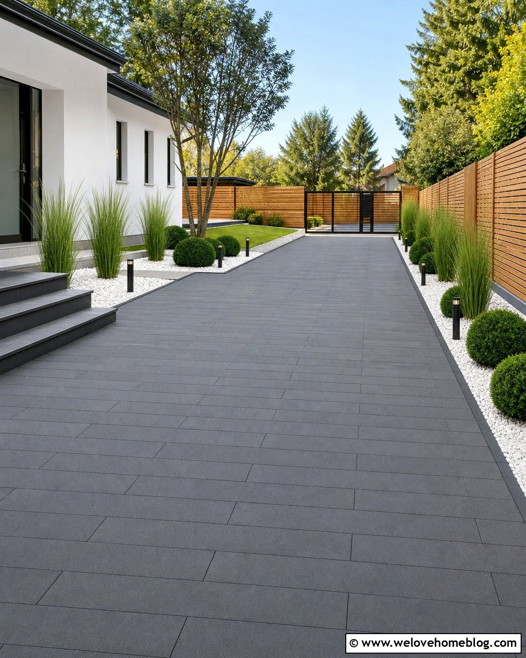 Side House Black Paver Driveway With Modern Landscaping - 20 driveways landscaping for side of house ideas
