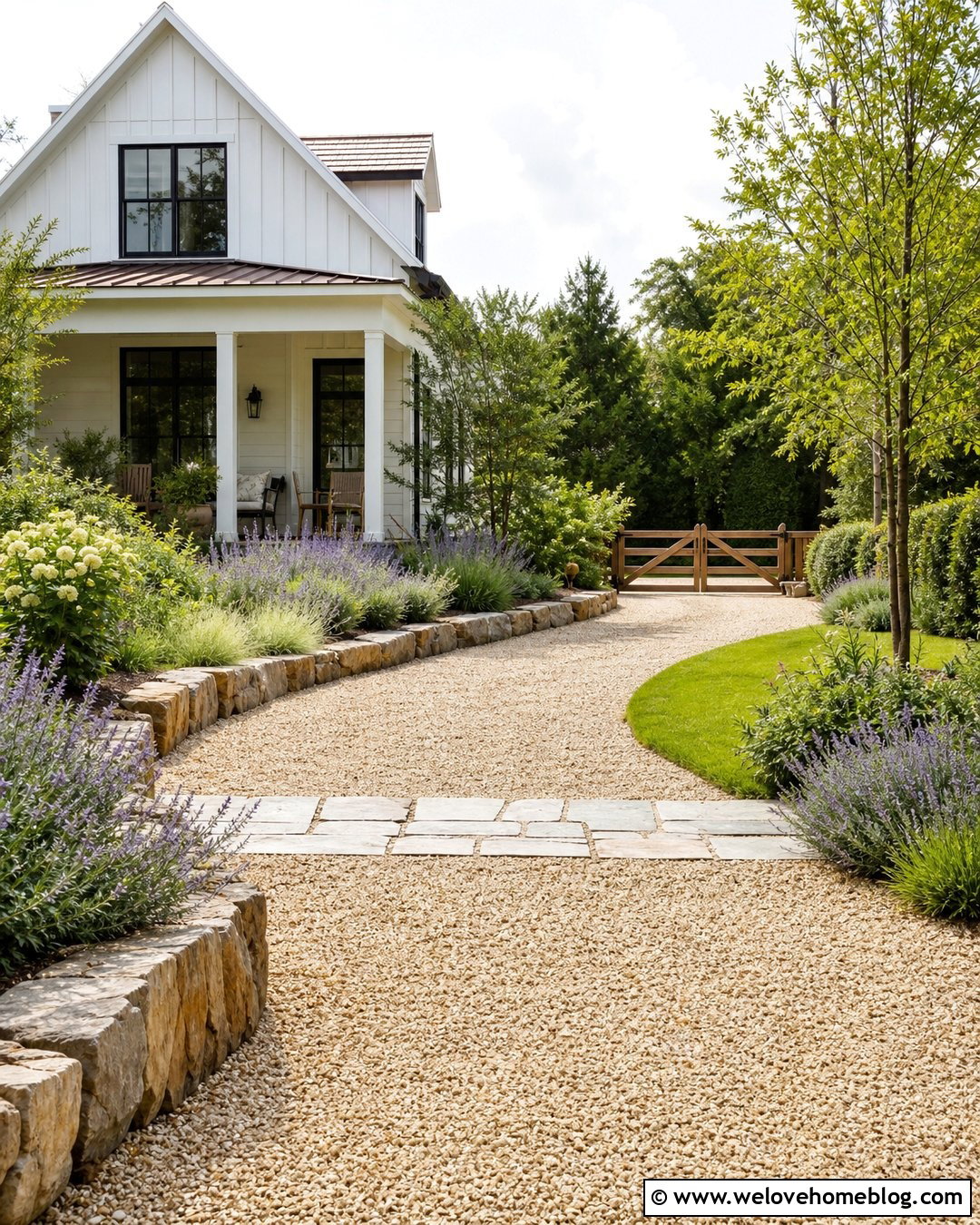 Side House Pea Gravel Driveway With Farmhouse Gate - 20 driveways landscaping for side of house ideas