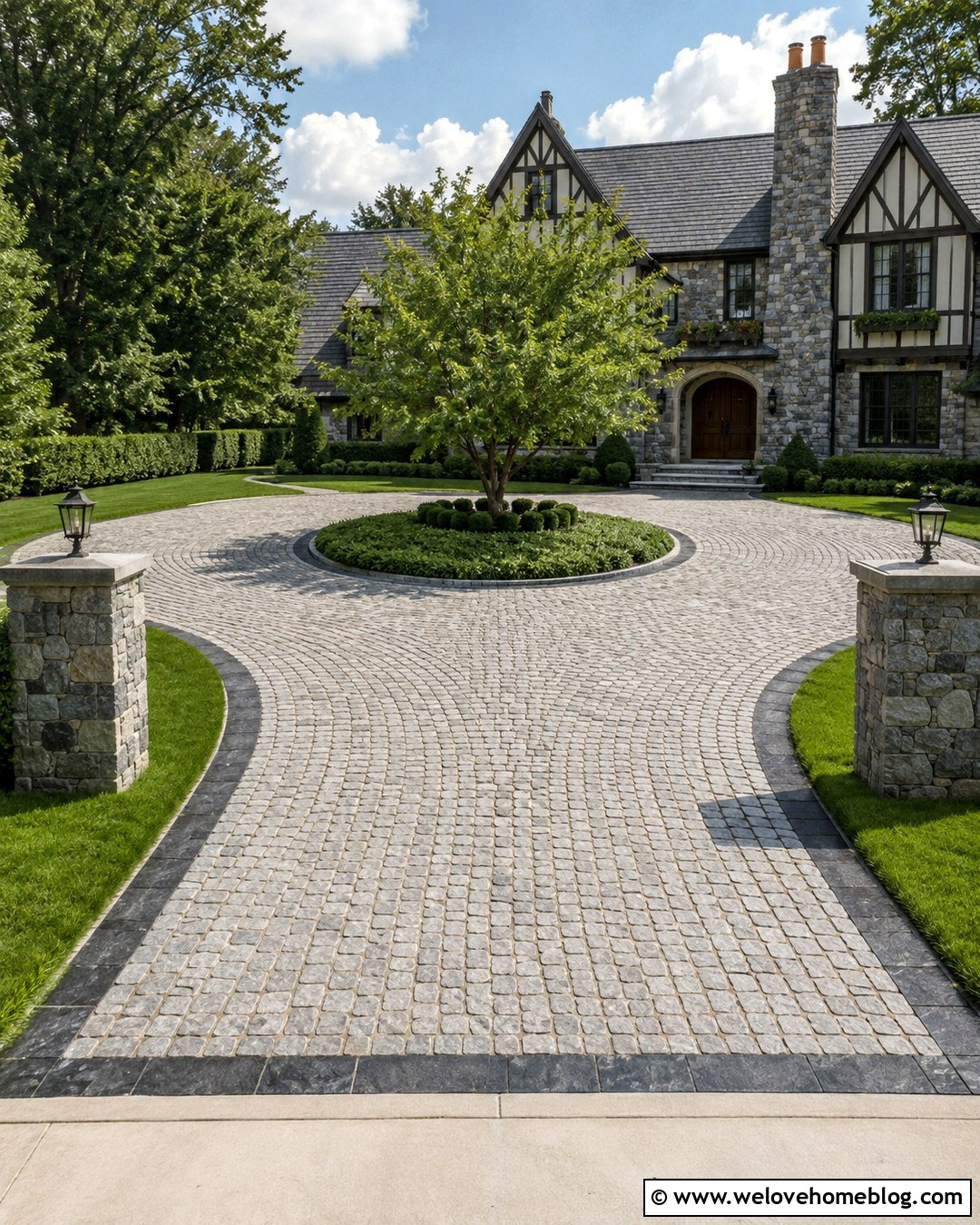 Silver Gray Cobblestone Circular Driveway - 20 Neutral Color Driveway Design Ideas