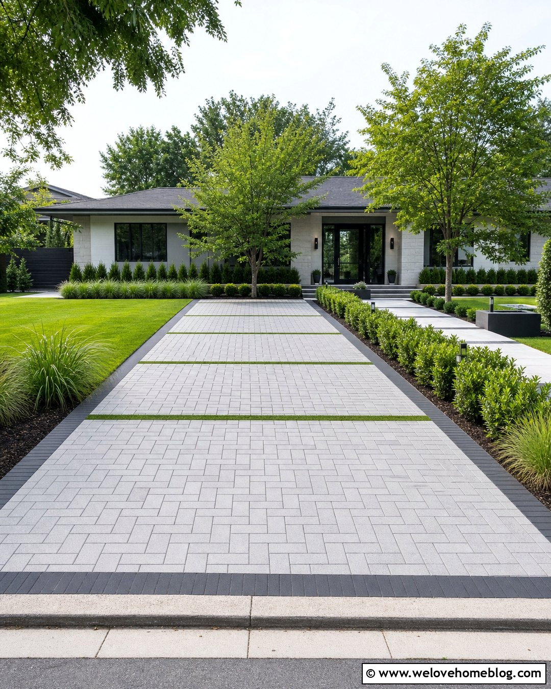 Silver Grey Herringbone Driveway With Grass Strips