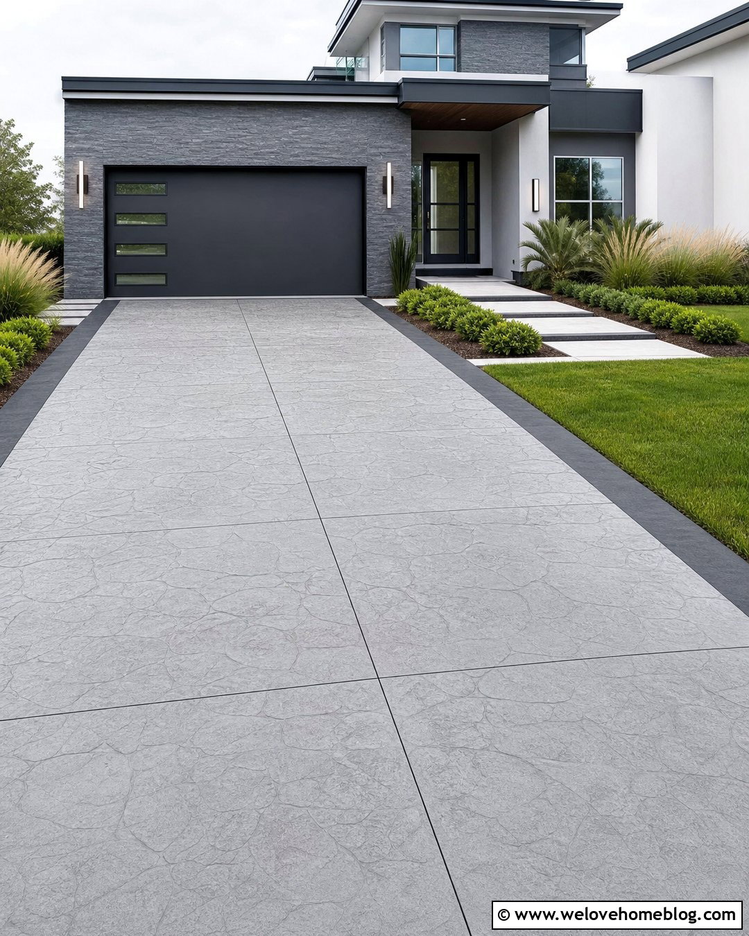 Silver Grey Seamless Slate Stamped Concrete Driveway - 20 grey stamped concrete driveway ideas