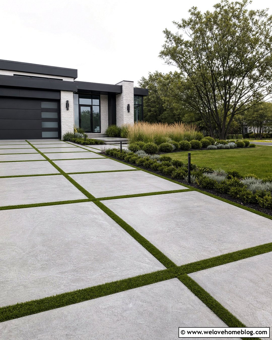 Silver Grey Stained Concrete Slabs With Grass Joints - 20 grey stained concrete driveway ideas