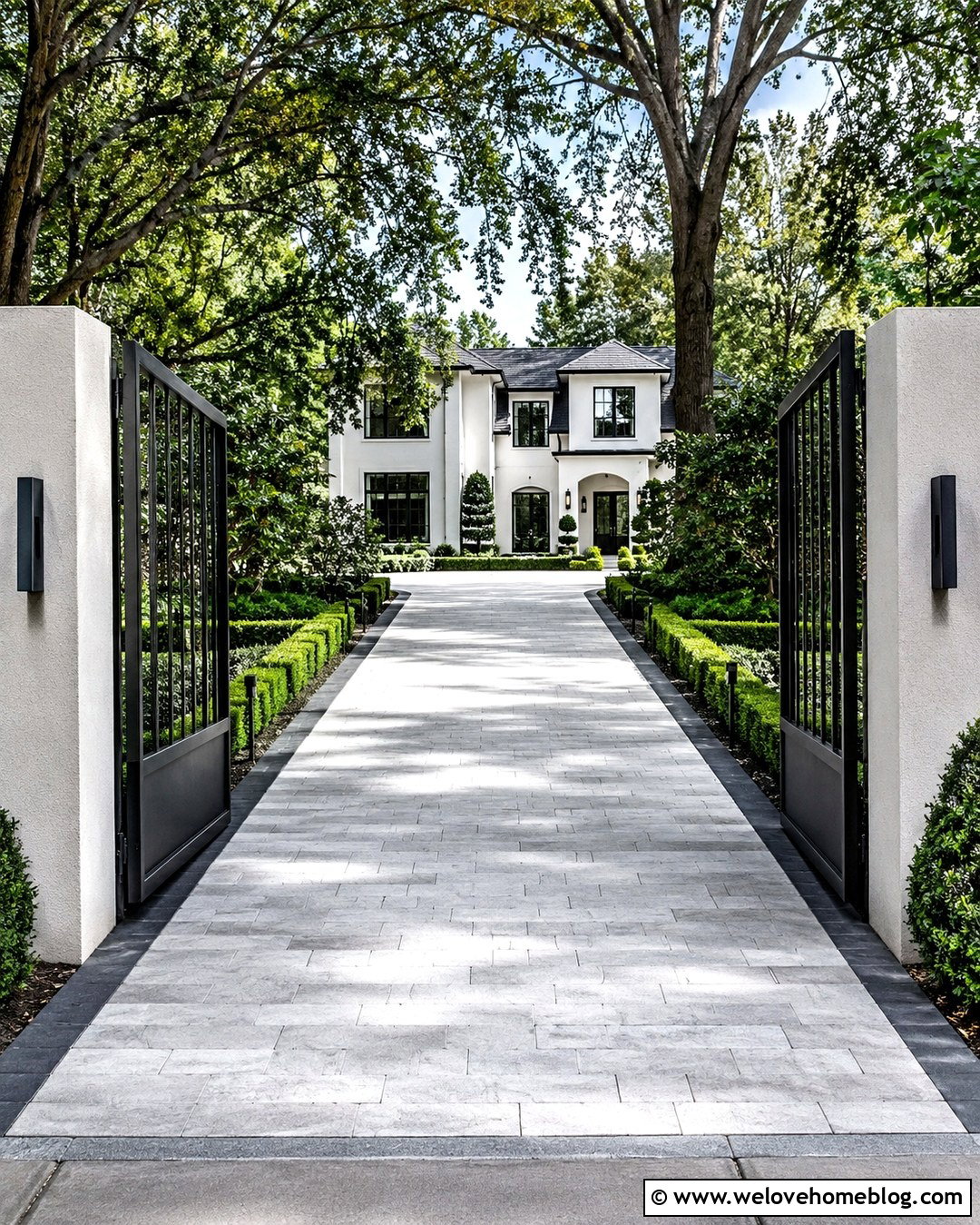 Silver Travertine Driveway With Black Metal Gate - 20 silver travertine pavers driveway ideas
