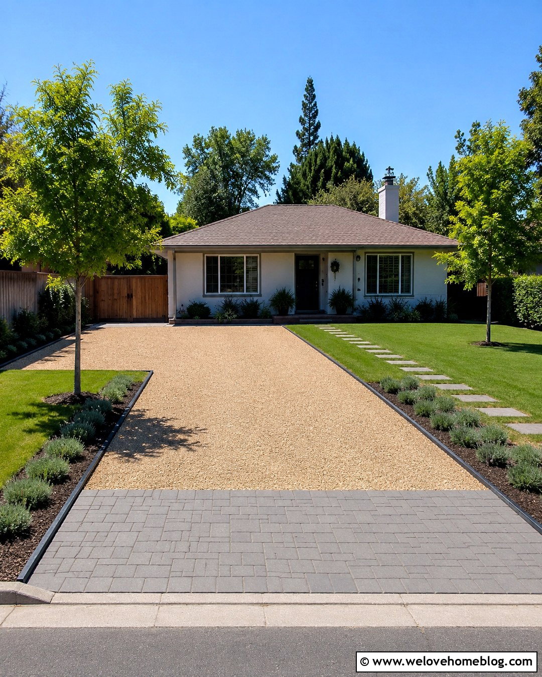 Simple California Gold Gravel Driveway With Stone Apron - 20 California Gold Gravel Driveway Ideas
