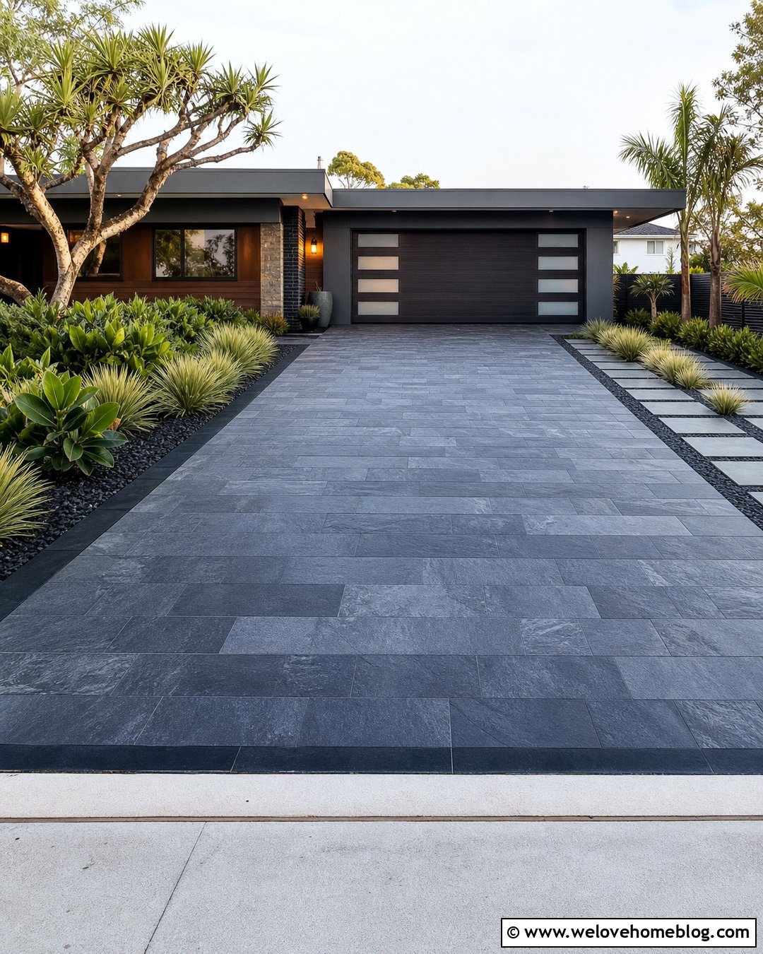 Slate Driveway With Clean Linear Borders - 25 Natural Stone Driveway Ideas