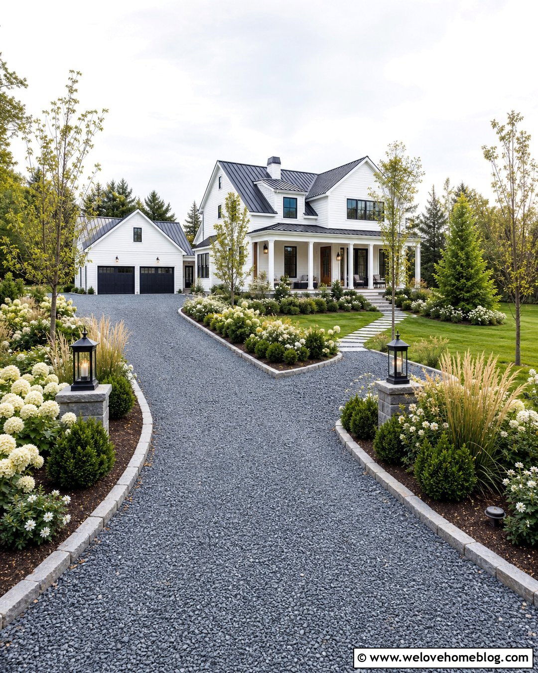 Slate Gravel Driveway With Farmhouse Planting - 20 Gravel Driveway Pictures Ideas