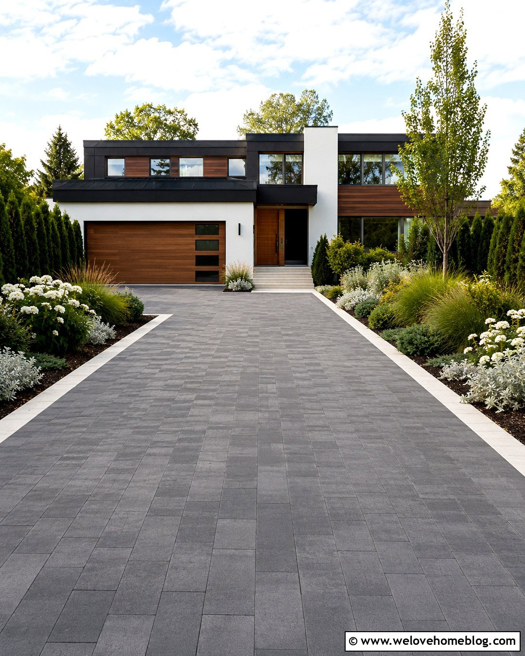 Slate Gray Paver Driveway With White Stone Border - 20 Neutral Color Driveway Design Ideas