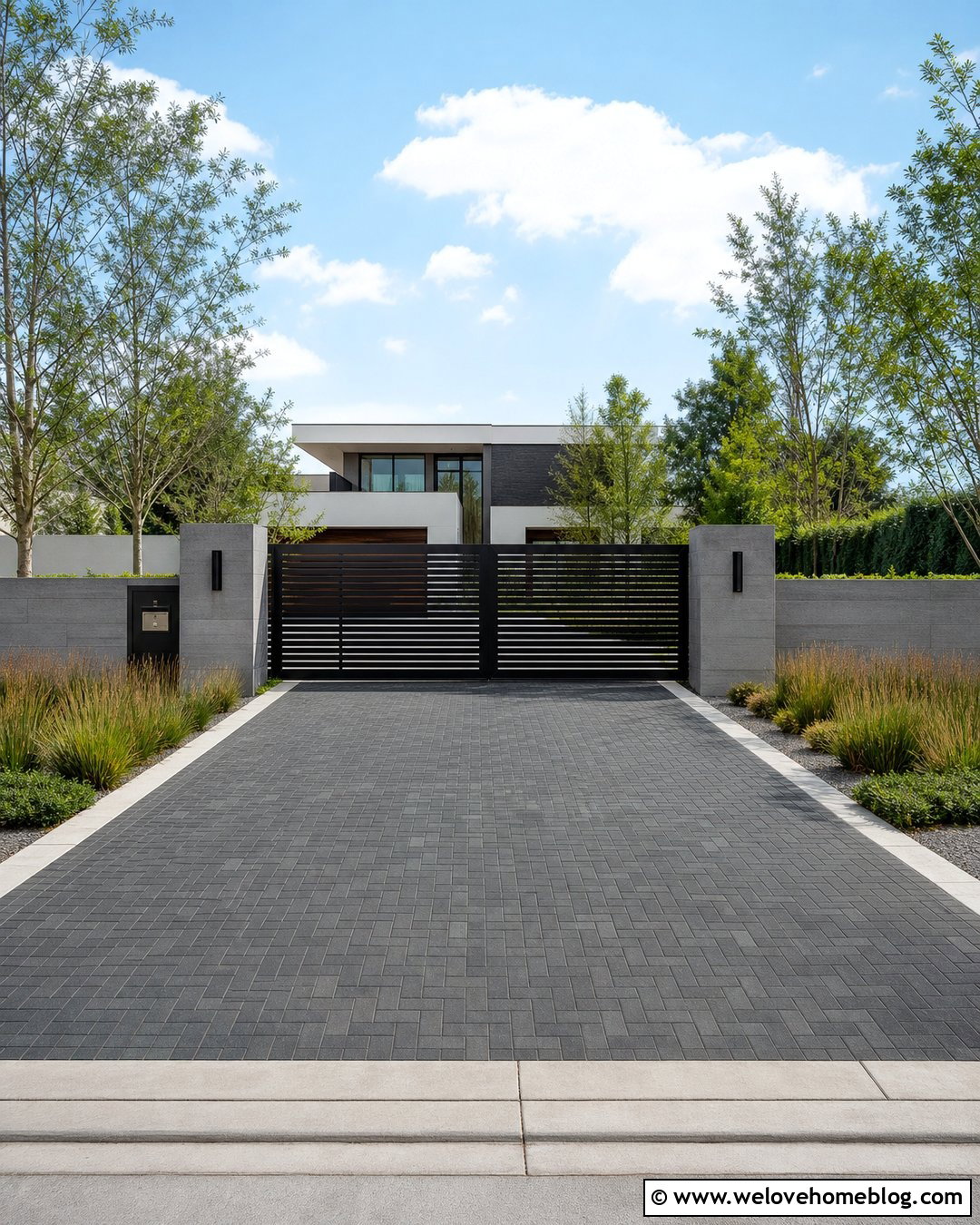 Slatted Gate With Integrated Address Sign - 30 Modern Gated Driveway Entrance Ideas