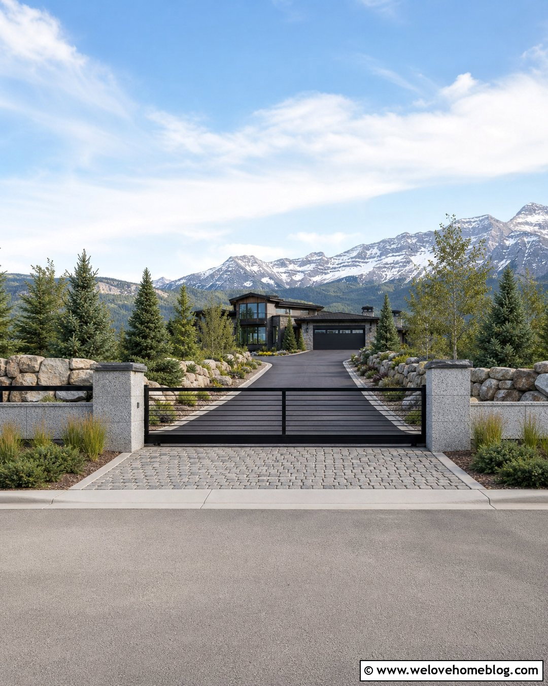 Sliding Driveway Gate With Granite Pillars