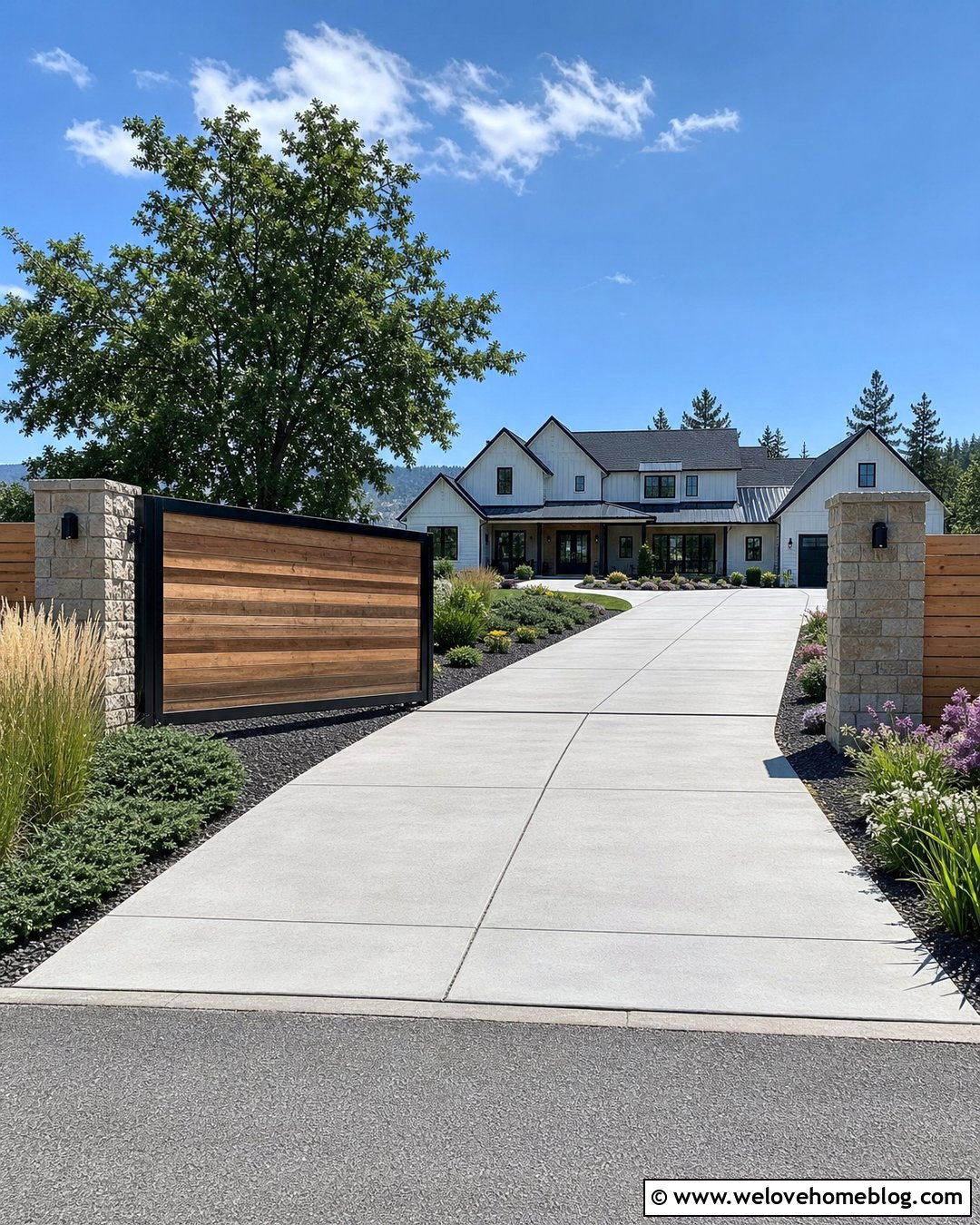 Sliding Wood Country Gate With Concrete Driveway - 20 Country Gates Driveway Ideas