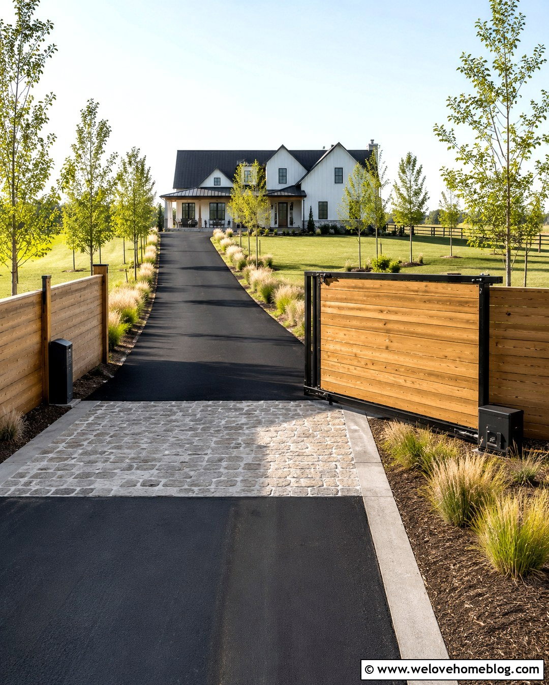 Sliding Wood Farm Gate With Asphalt Driveway - 20 Wood Gates Driveway Farm Entrance Ideas