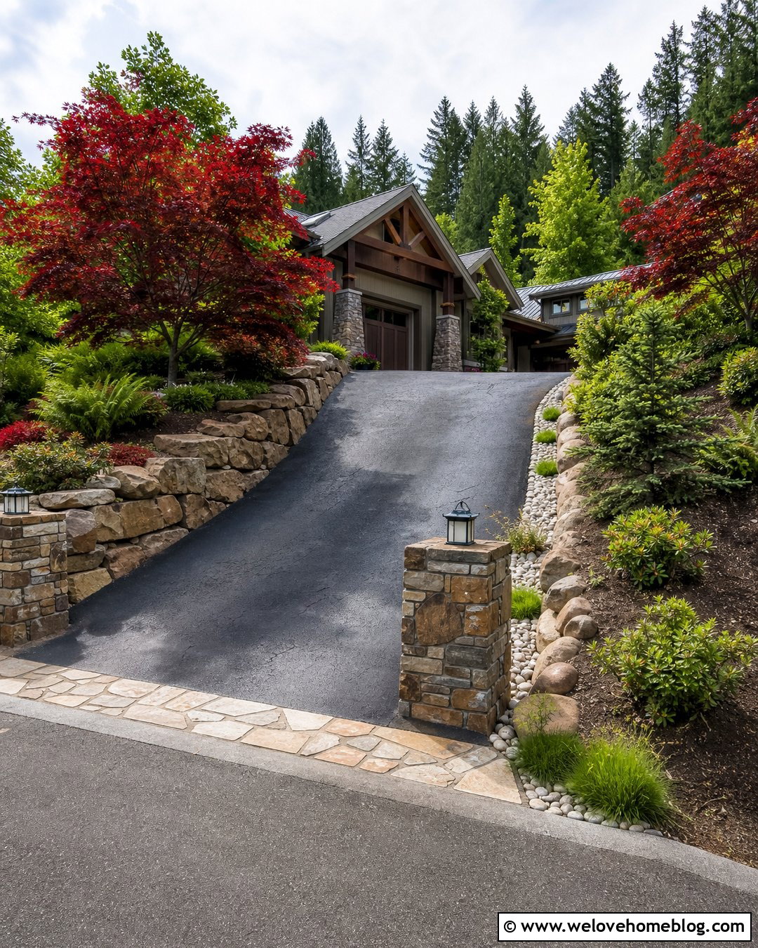 Sloped Asphalt Driveway With Red Maple Terraces - 20 Red Maple Tree Lined Driveway Ideas