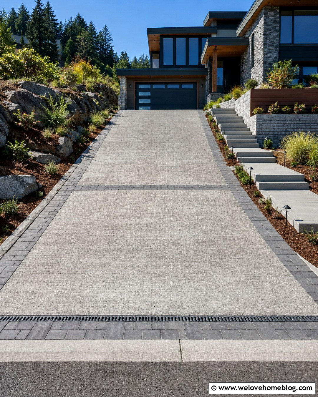 Sloped Cement Driveway With Paver Border - 20 cement driveway with paver border ideas