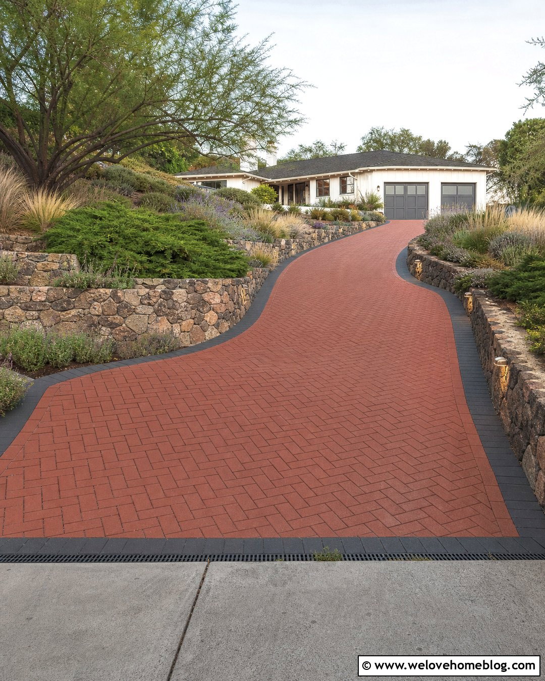 Sloped Clay Paver Driveway With Herringbone Layout - 20 Clay Pavers Driveway Ideas