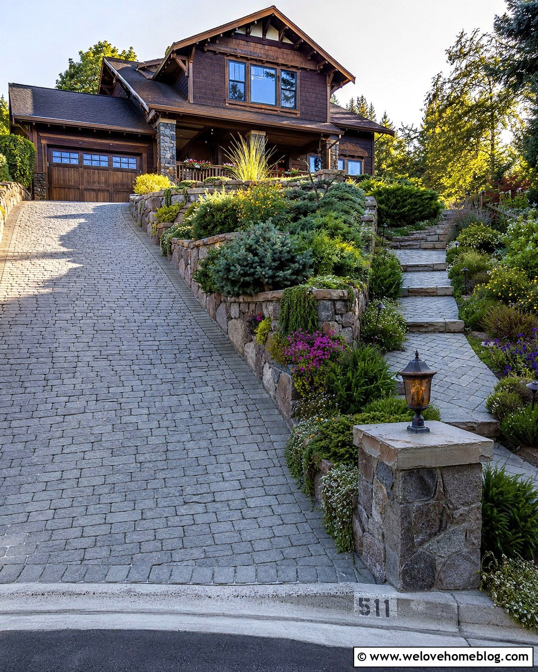 Sloped Cobblestone Driveway With Retaining Walls - 20 Cobblestone Driveway In Garden Ideas
