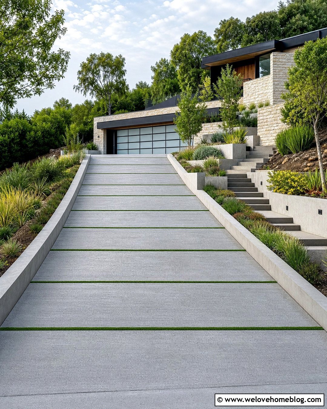 Sloped Concrete Driveway With Artificial Grass Bands - 20 grass and concrete driveway ideas
