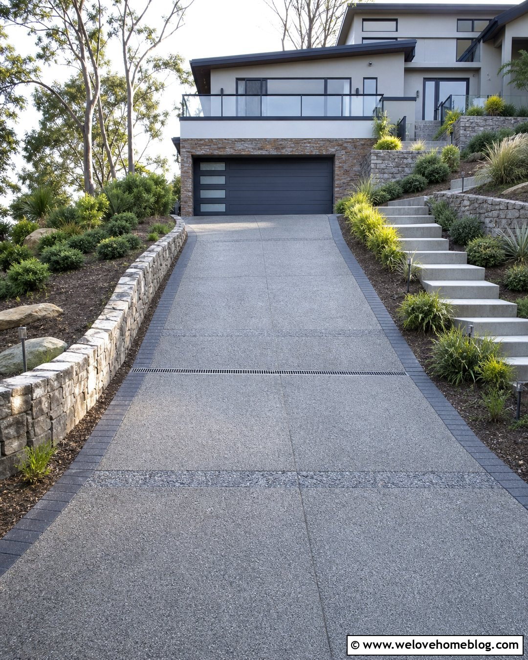 Sloped Concrete Driveway With Drainage Strips - 20 Driveway Strip Ideas