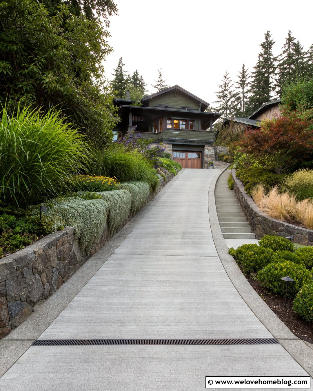 Sloped Concrete Driveway With Retaining Walls - 45 Driveway Design Ideas