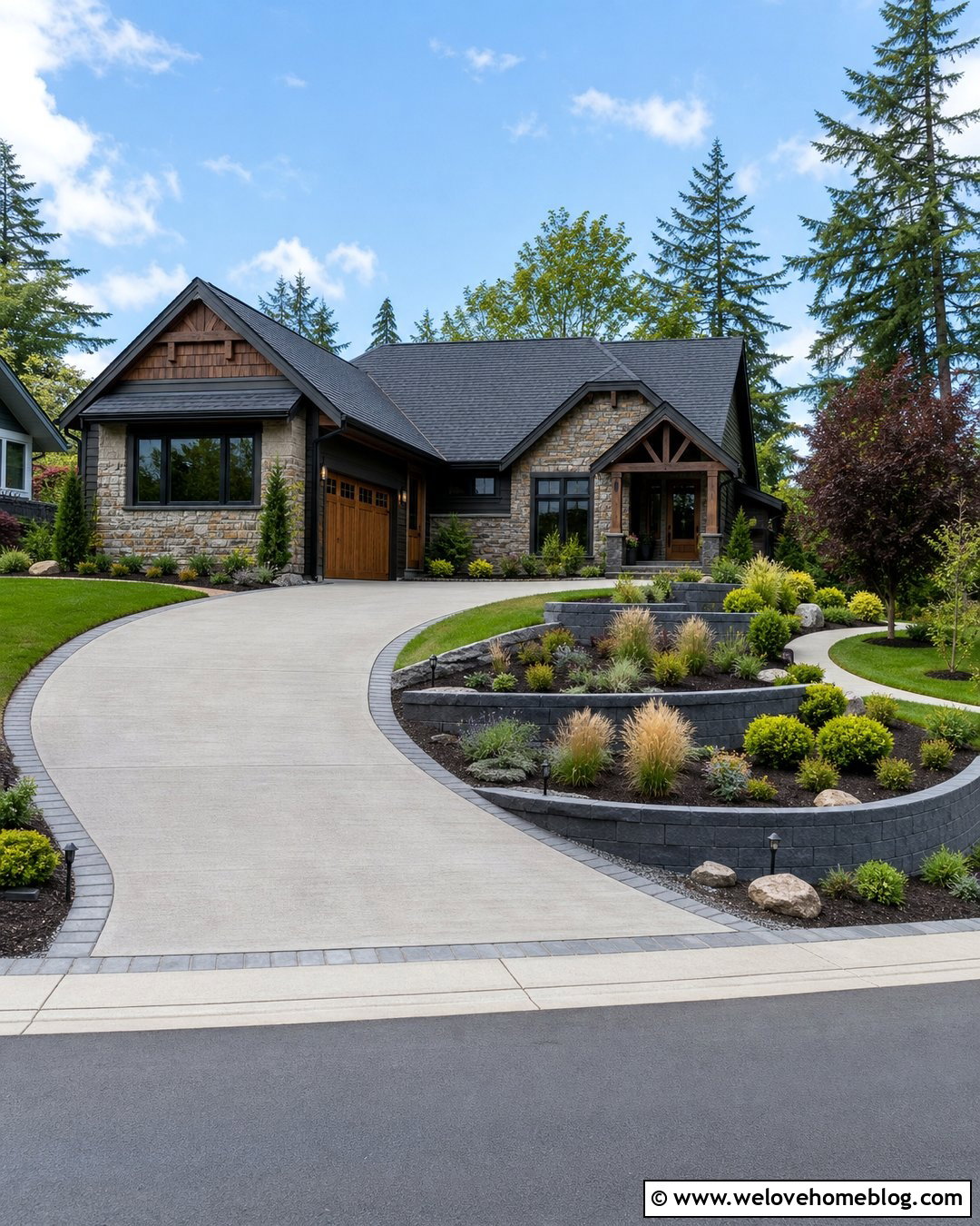 Sloped Concrete Driveway With Tiered Block Retaining Walls - 20 Driveways With Retaining Walls Ideas