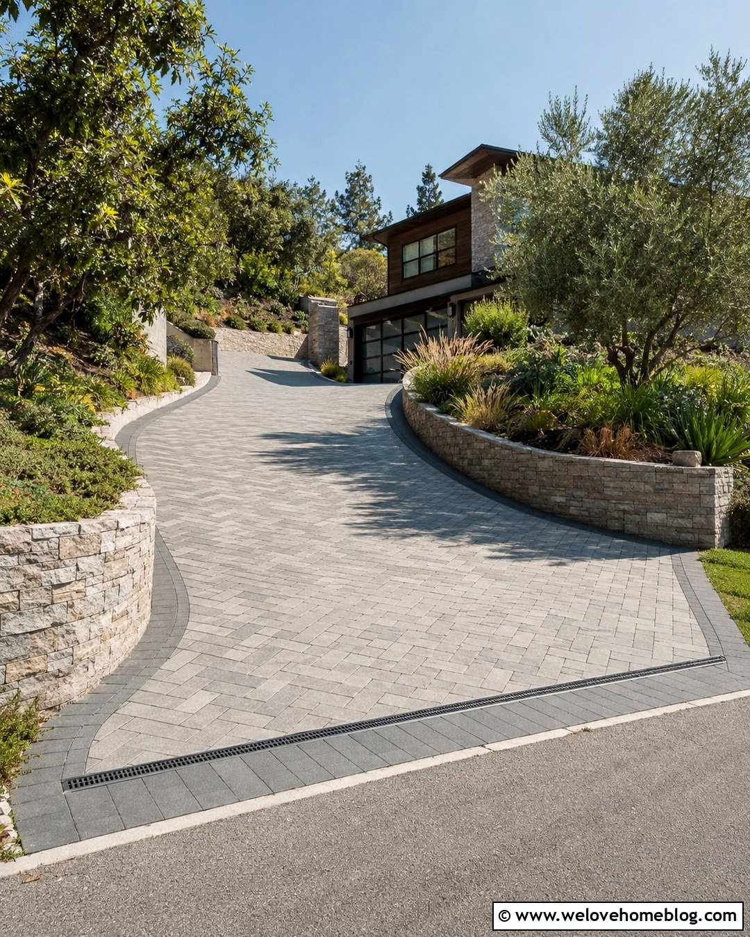 Sloped Concrete Paver Driveway With Textured Pavers - 20 Concrete Paver Driveway Ideas