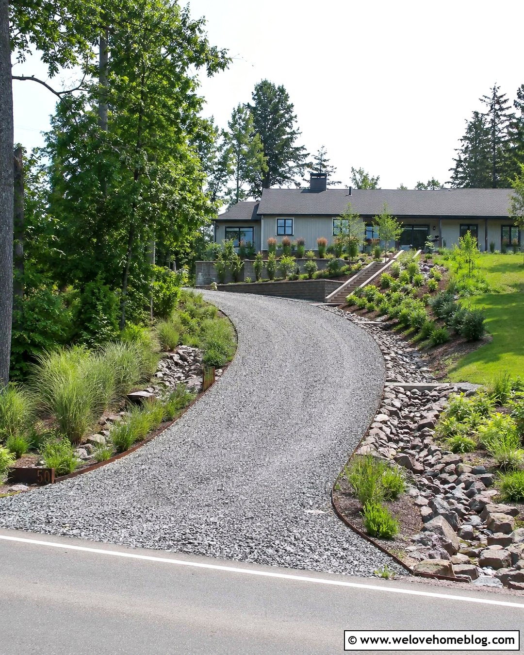 Sloped Crushed Concrete Driveway With Drainage Swales - 20 Crushed Concrete Driveway Ideas