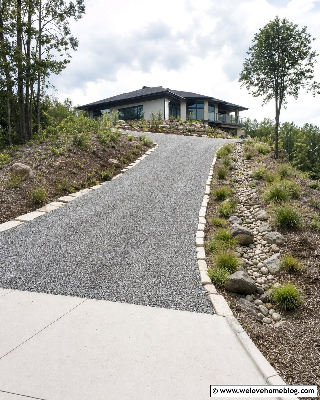 Sloped Crushed Stone Driveway With Drainage Swale - 40 driveway on a budget ideas