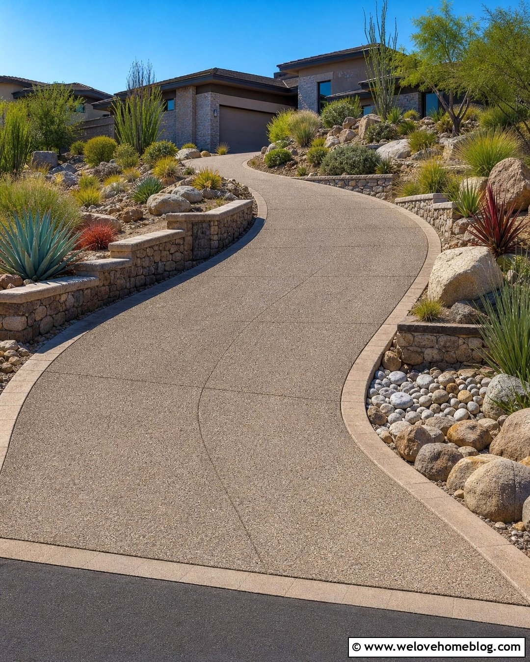 Sloped Desert Driveway With Terraced Planting - 20 desert driveway landscaping ideas