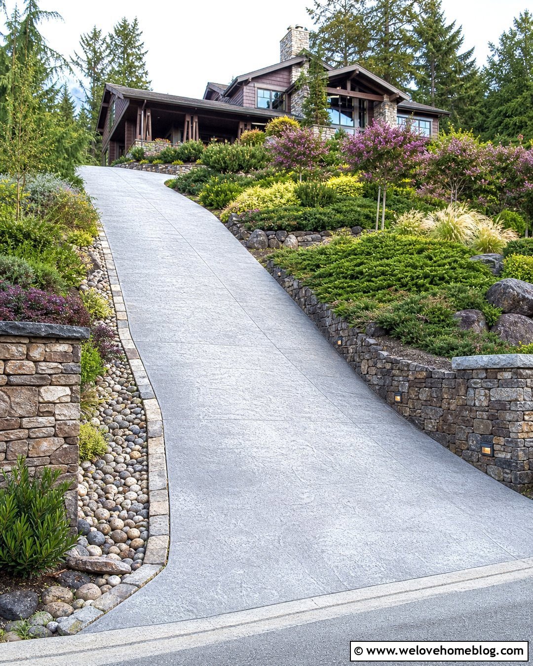 Sloped Driveway Entrance With Retaining Walls - 50 driveway entrance landscaping ideas