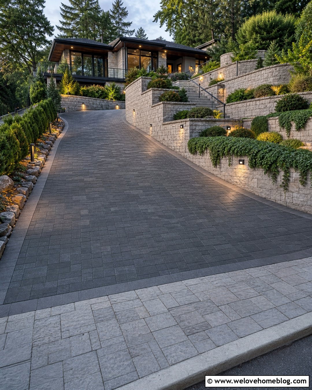 Sloped Driveway Entryway With Retaining Walls - 20 Driveway Entryway Ideas