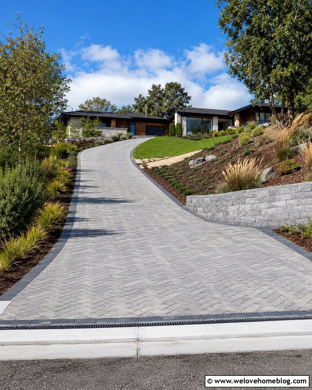 Sloped Driveway Extension With Textured Pavers - 20 Widen Driveway With Pavers Ideas