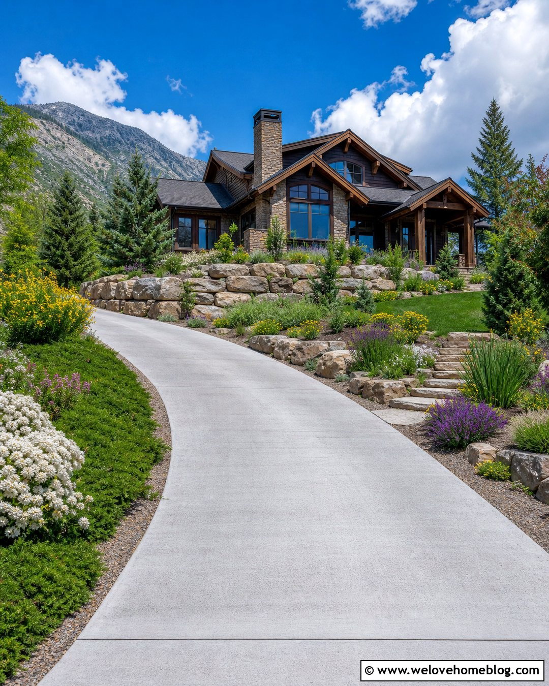 Sloped Driveway Garden With Retaining Walls - 30 Driveway Garden Ideas