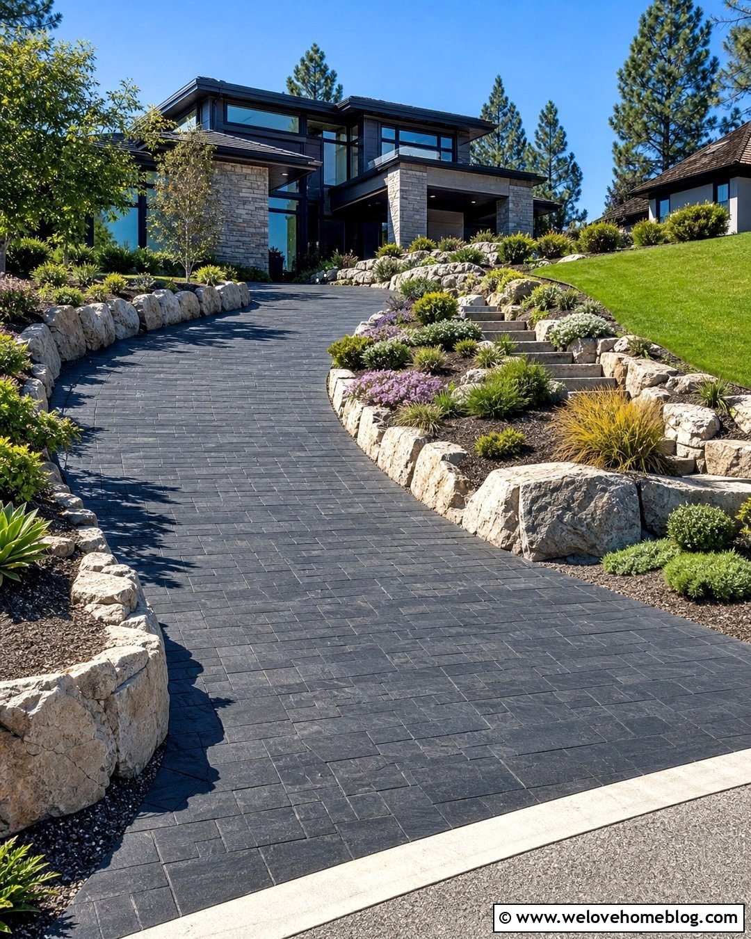 Sloped Driveway Landscaping With Retaining Beds - 30 driveway landscape ideas