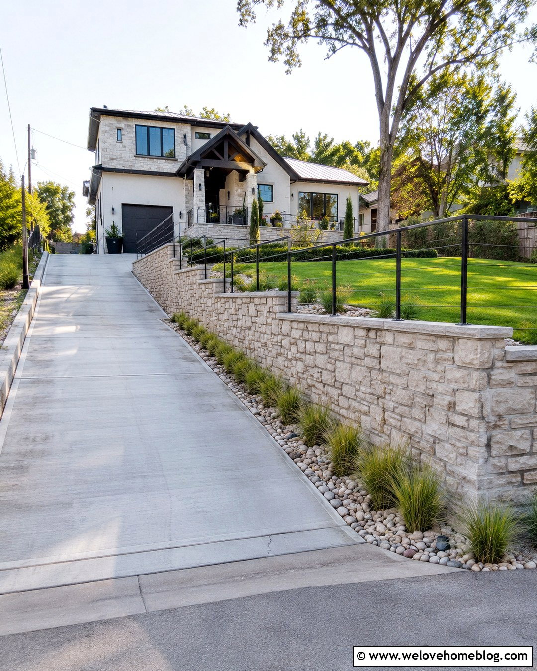 Sloped Driveway Retaining Wall With Metal Railing - 20 Sloped Driveway Retaining Wall Ideas