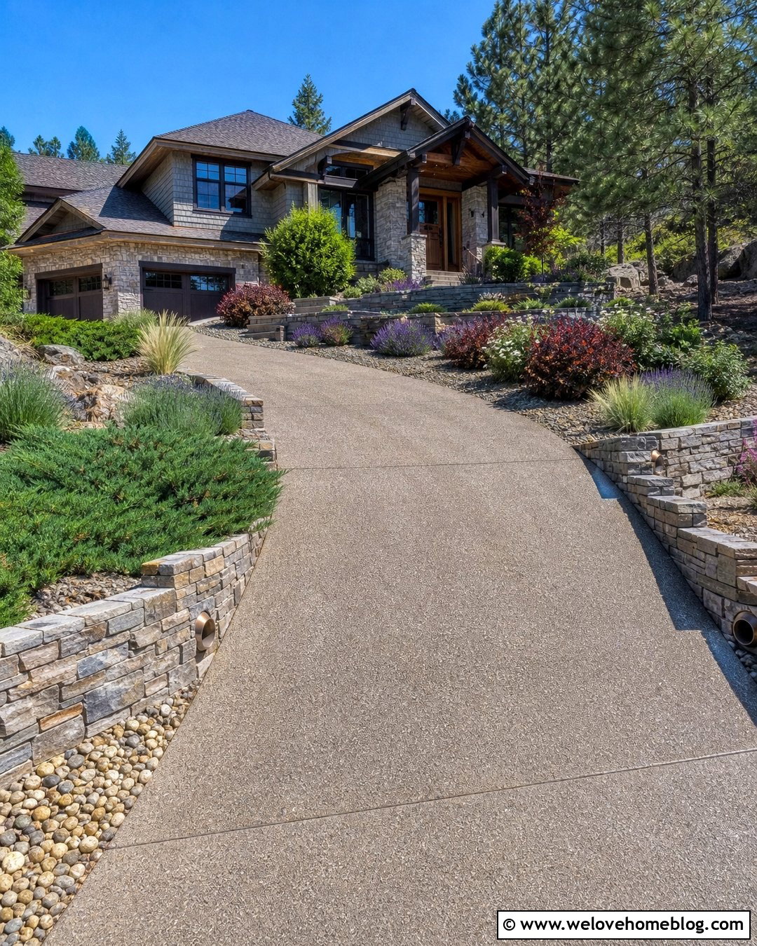 Sloped Driveway Side Garden With Stone Walls - 20 Driveway Side Garden Ideas