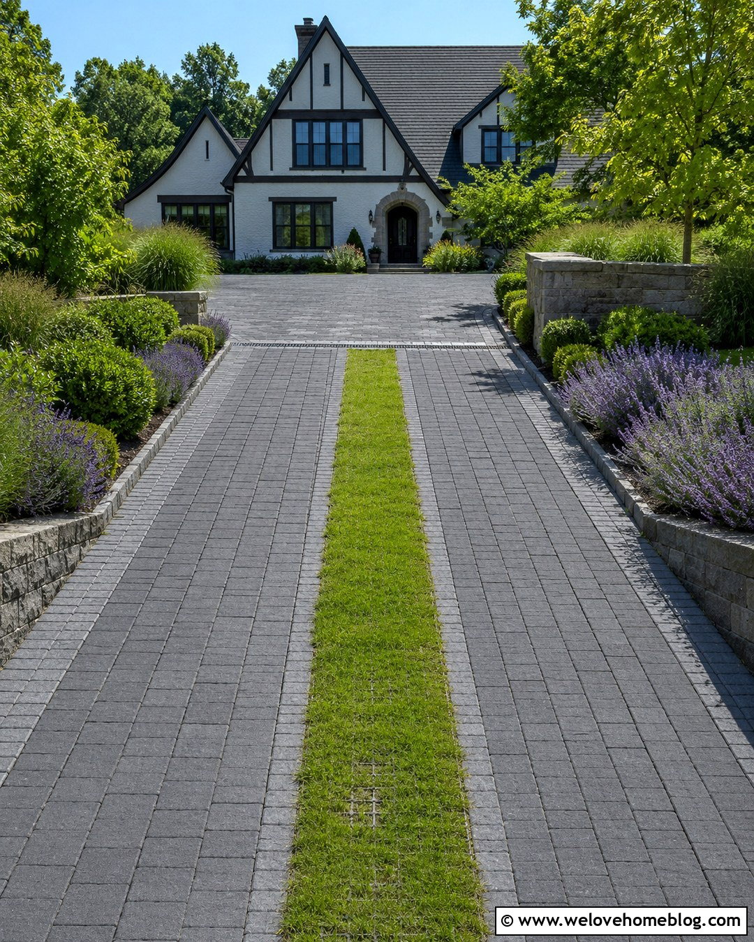 Sloped Driveway With A Central Grass Strip - 20 Driveway For Sloped Yard Ideas