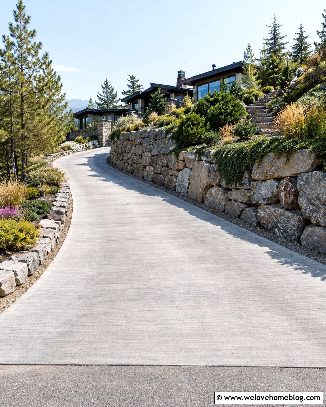 Sloped Driveway With Boulder Retaining Walls - 20 Rock Entrance Driveway Ideas