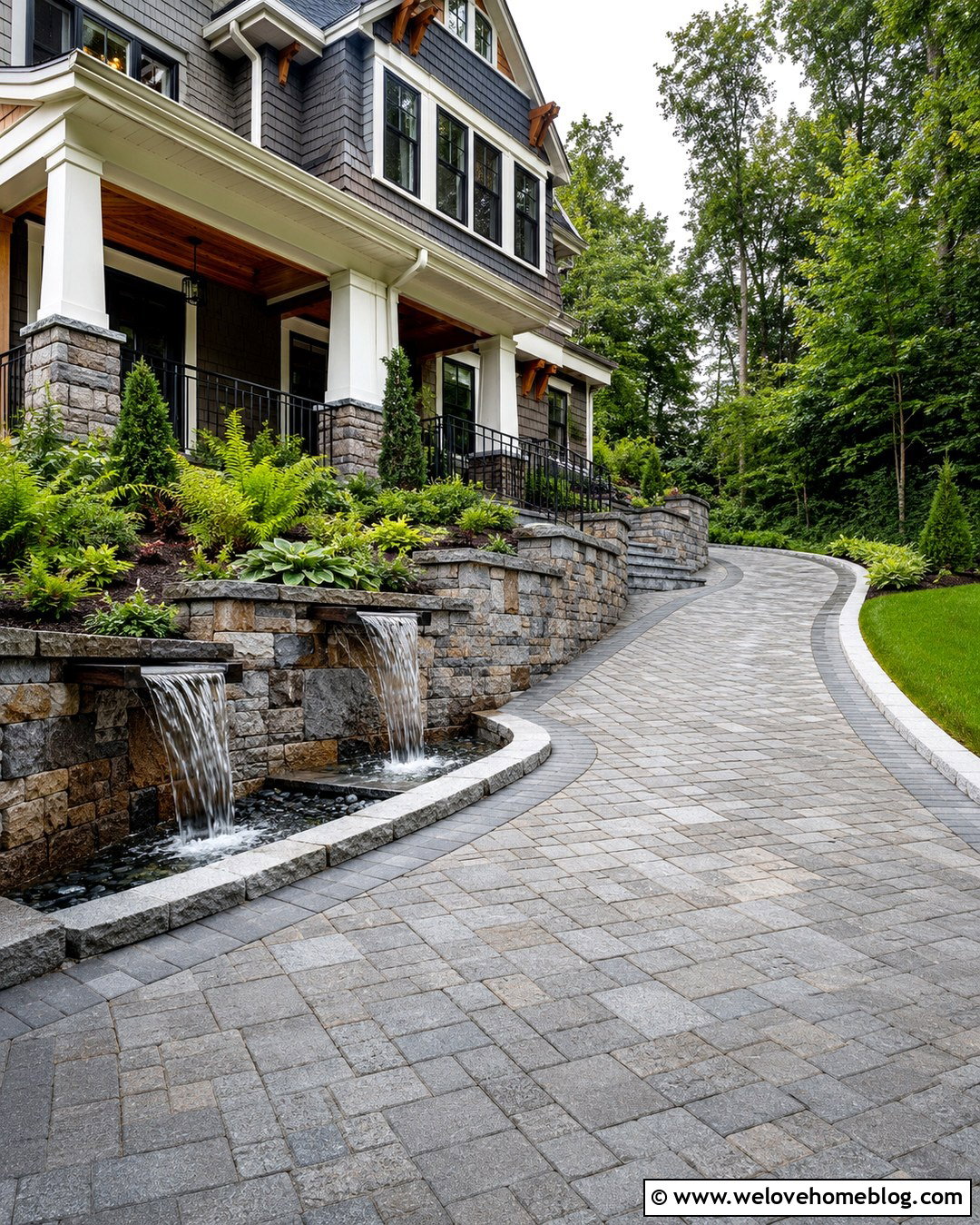 Sloped Driveway With Cascading Fountain - 20 Water Fountain Driveway Ideas
