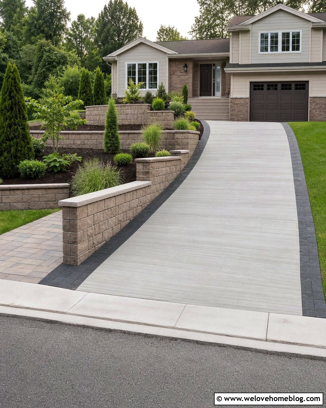 Sloped Driveway With Concrete Block Terraces - 35 Sloped Driveway Landscaping Ideas