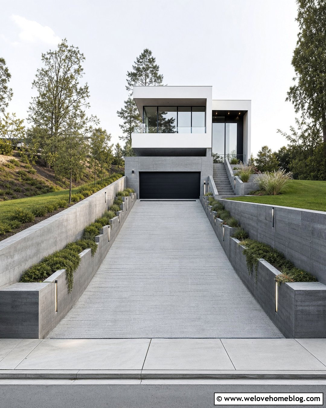 Sloped Driveway With Concrete Retaining Walls - 30 sloped driveway ideas