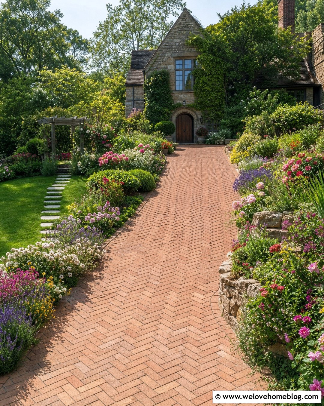 Sloped Driveway With Cottage Garden Banks - 35 Sloped Driveway Landscaping Ideas