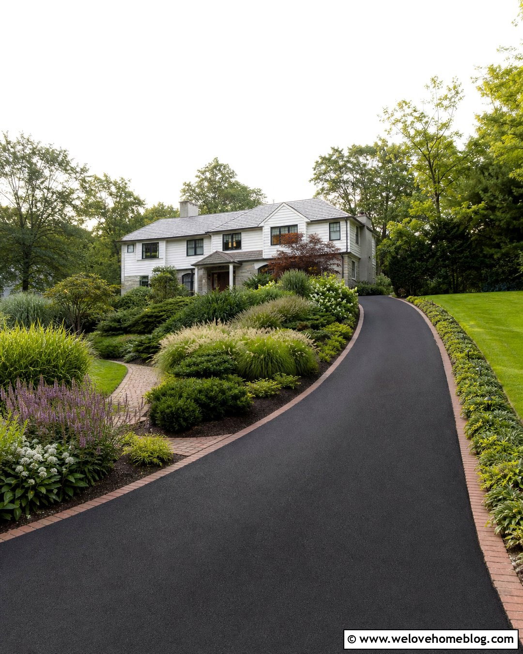 Sloped Driveway With Curved Planting Beds - 35 Sloped Driveway Landscaping Ideas