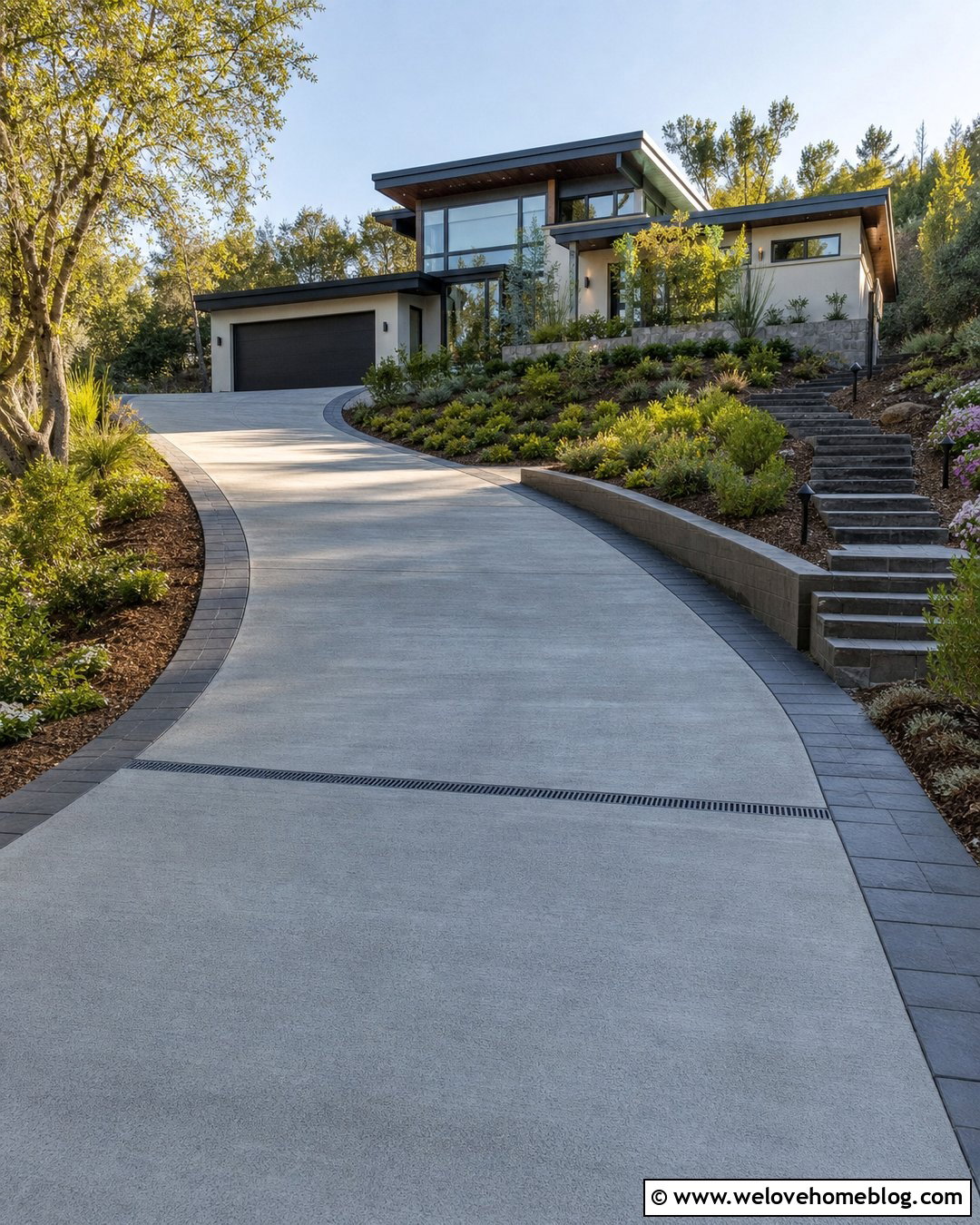 Sloped Driveway With Drainage Channel - 20 Driveway Renovation Ideas
