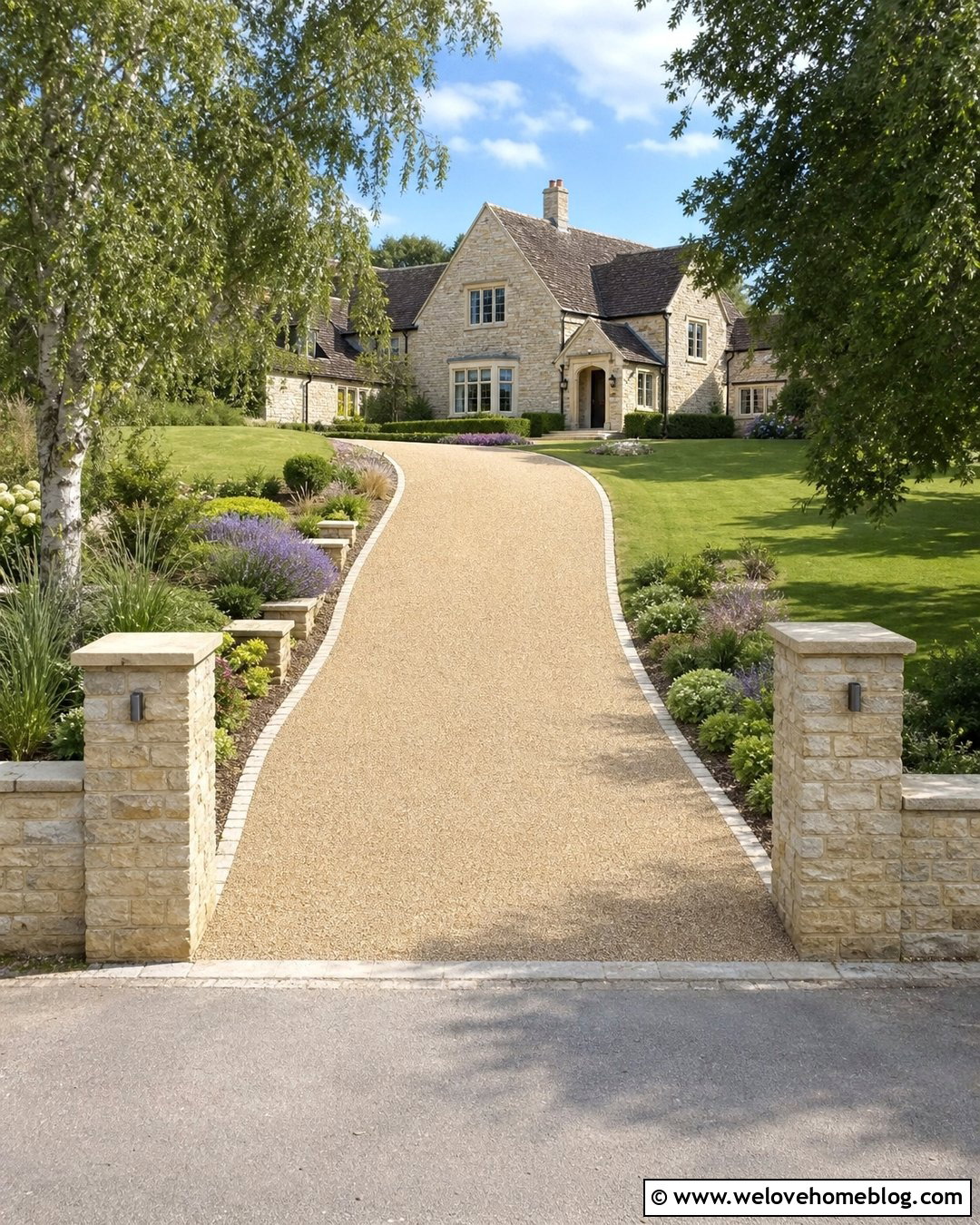 Sloped Driveway With Entrance Pillars - 35 Sloped Driveway Landscaping Ideas