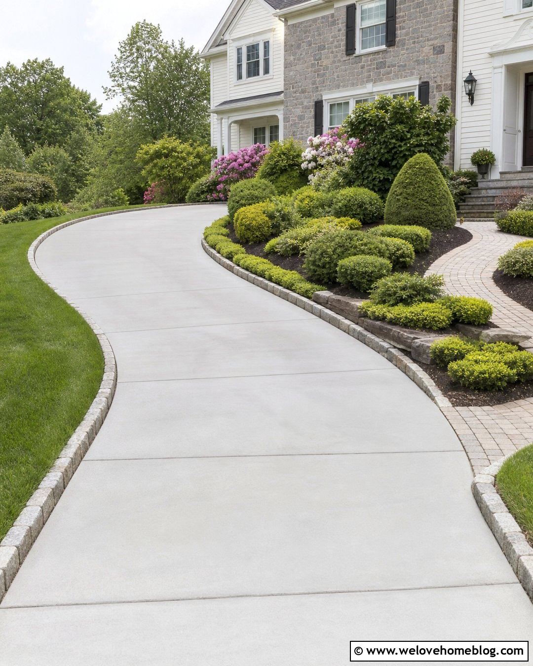 Sloped Driveway With Evergreen Shrubs - 35 Sloped Driveway Landscaping Ideas
