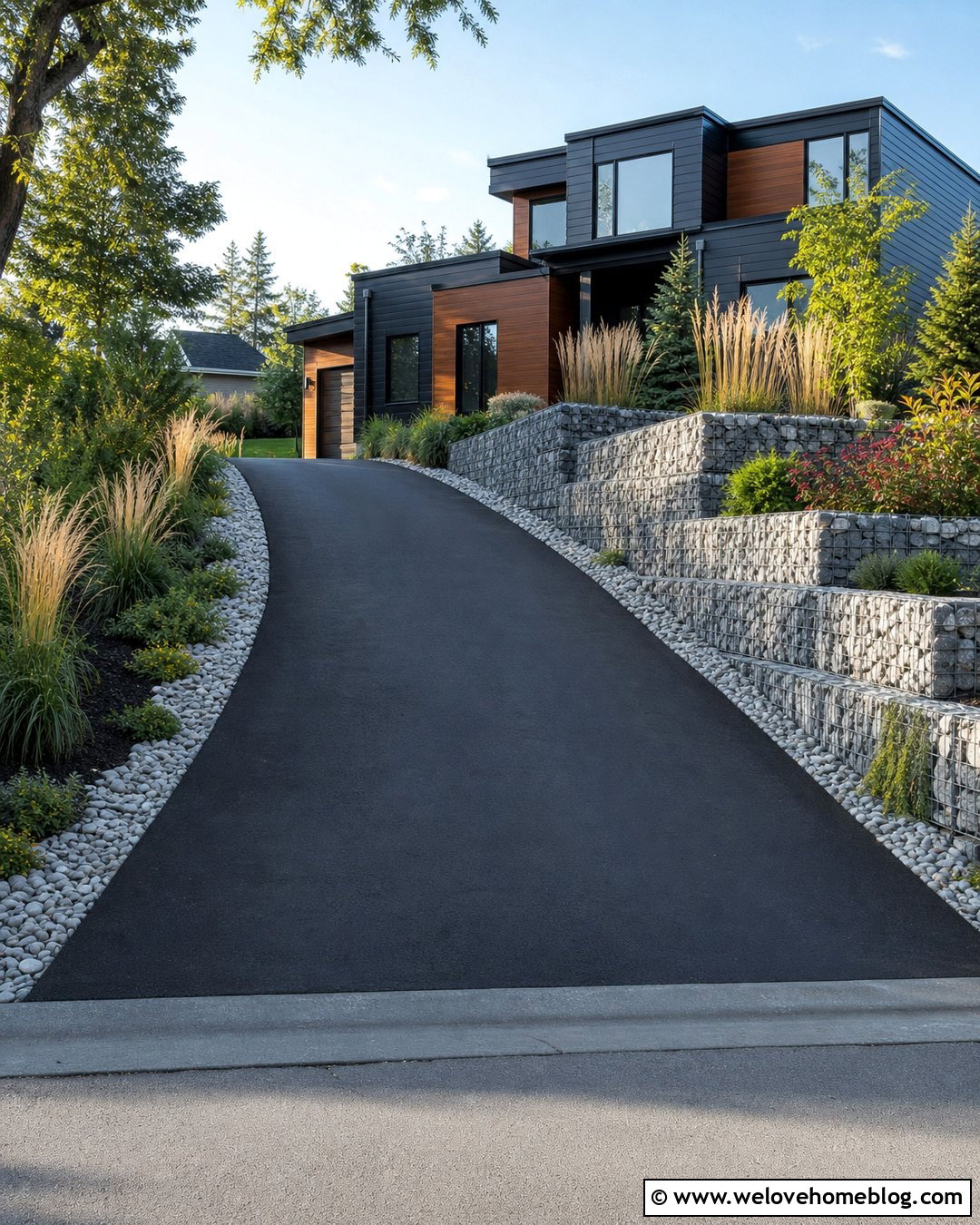 Sloped Driveway With Gabion Wall Landscaping - 35 Sloped Driveway Landscaping Ideas