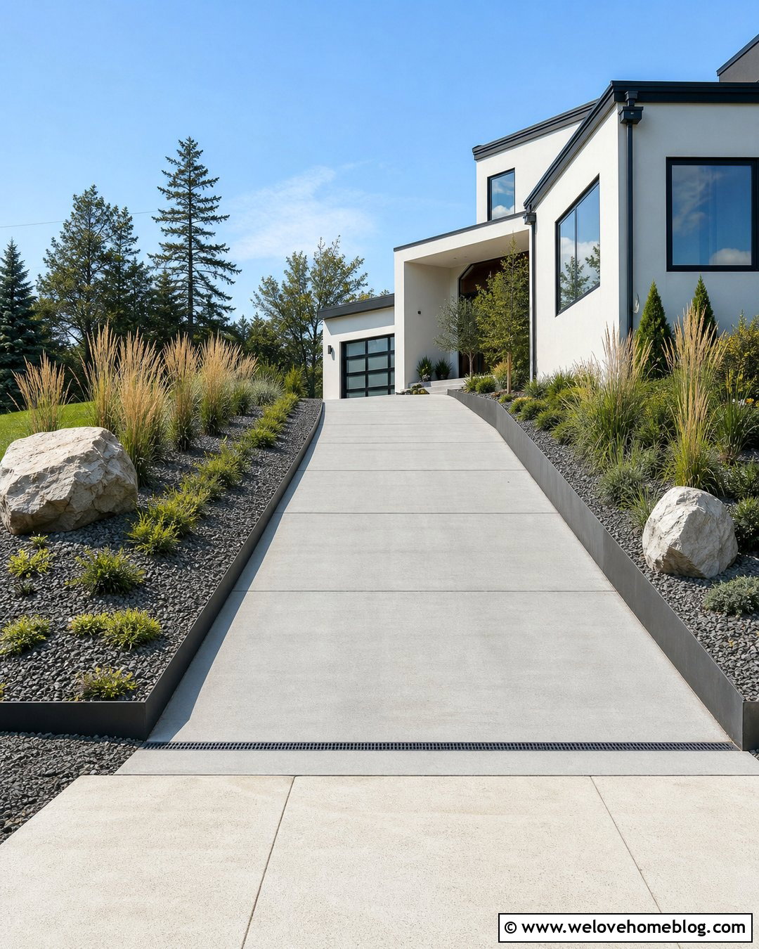 Sloped Driveway With Modern Steel Edging - 35 Sloped Driveway Landscaping Ideas