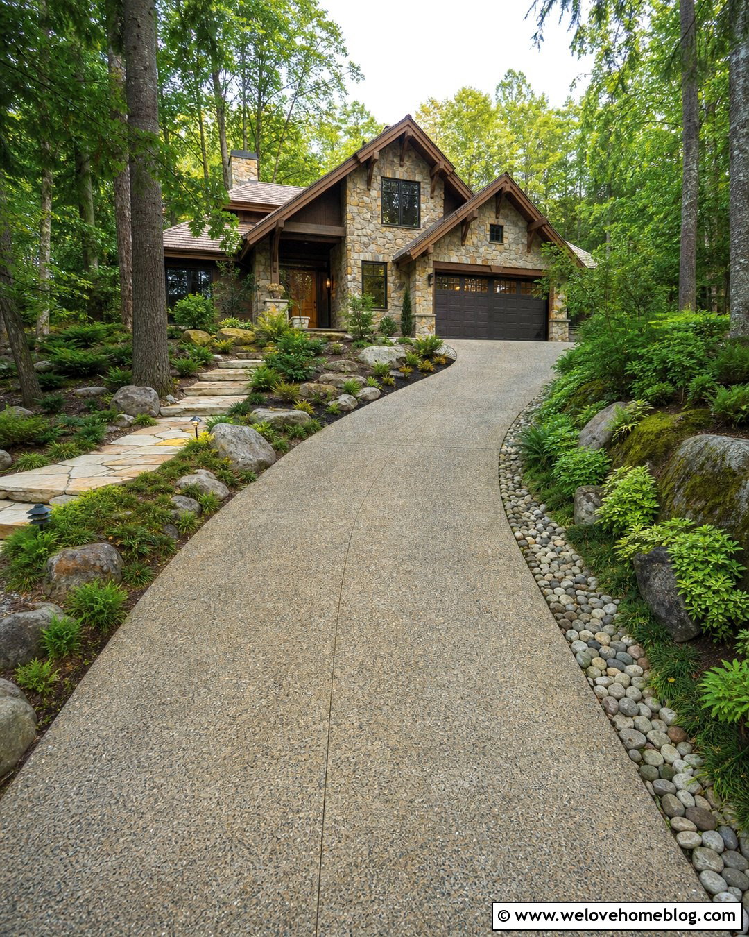 Sloped Driveway With Natural Stone Banks - 35 Sloped Driveway Landscaping Ideas