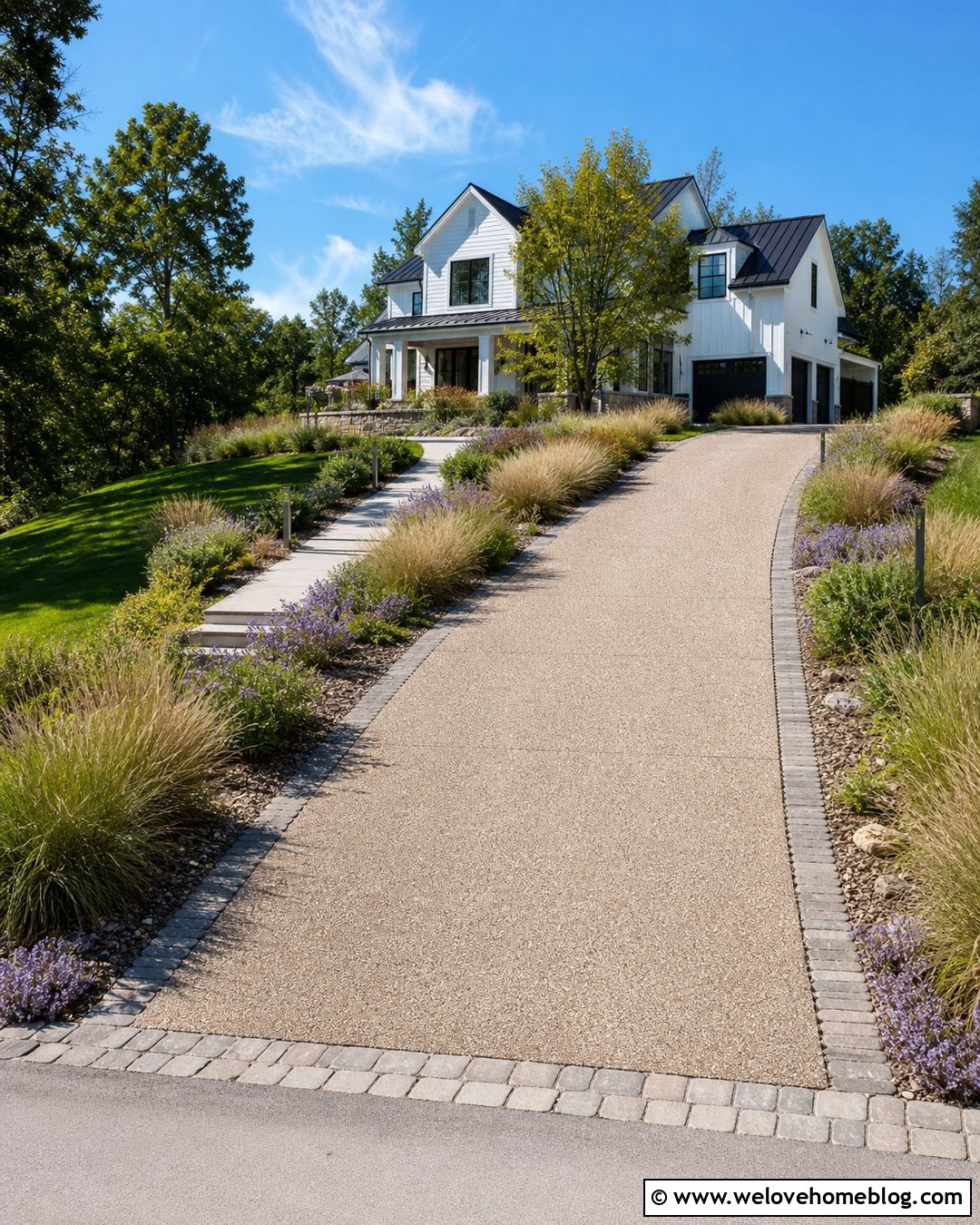 Sloped Driveway With Ornamental Grass Borders - 35 Sloped Driveway Landscaping Ideas