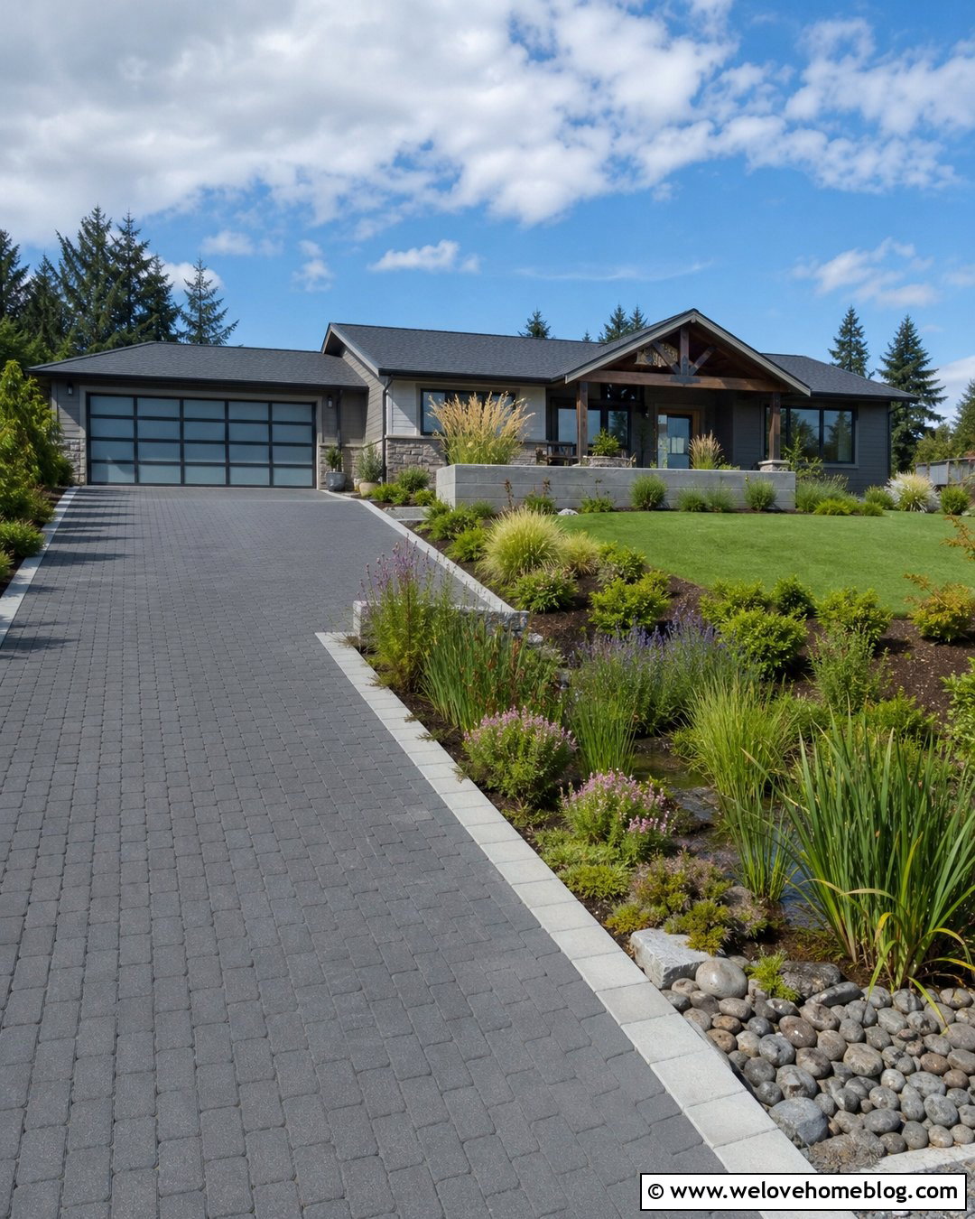 Sloped Driveway With Rain Garden Landscaping - 35 Sloped Driveway Landscaping Ideas