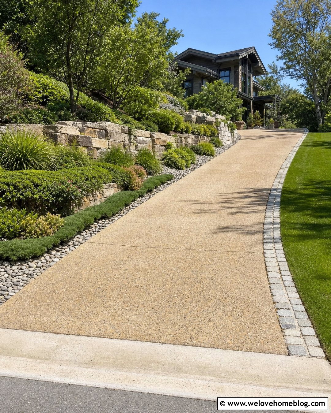 Sloped Driveway With Retaining Wall Beds - 20 edge of driveway landscaping ideas